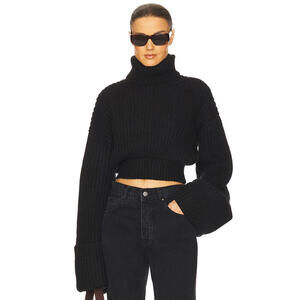 Helsa Cropped Black Ribbed Turtleneck Sweater with Balloon Sleeves NWOT